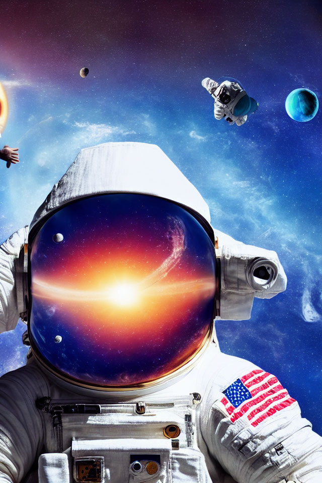 Astronaut in reflective visor with outer space backdrop and celestial bodies