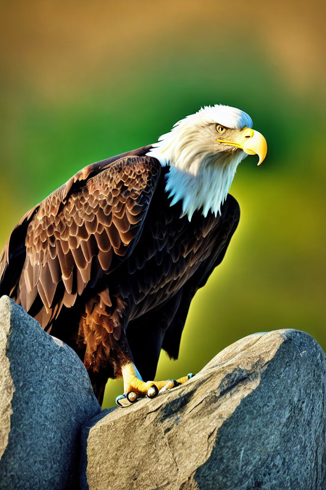 Majestic bald eagle perched on rocky outcrop with keen gaze