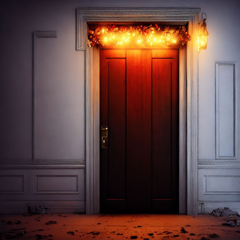 Cozy wooden door with fairy lights and foliage in dimly lit room