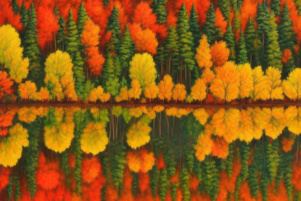 Autumn Forest Reflection with Red, Orange, and Yellow Hues