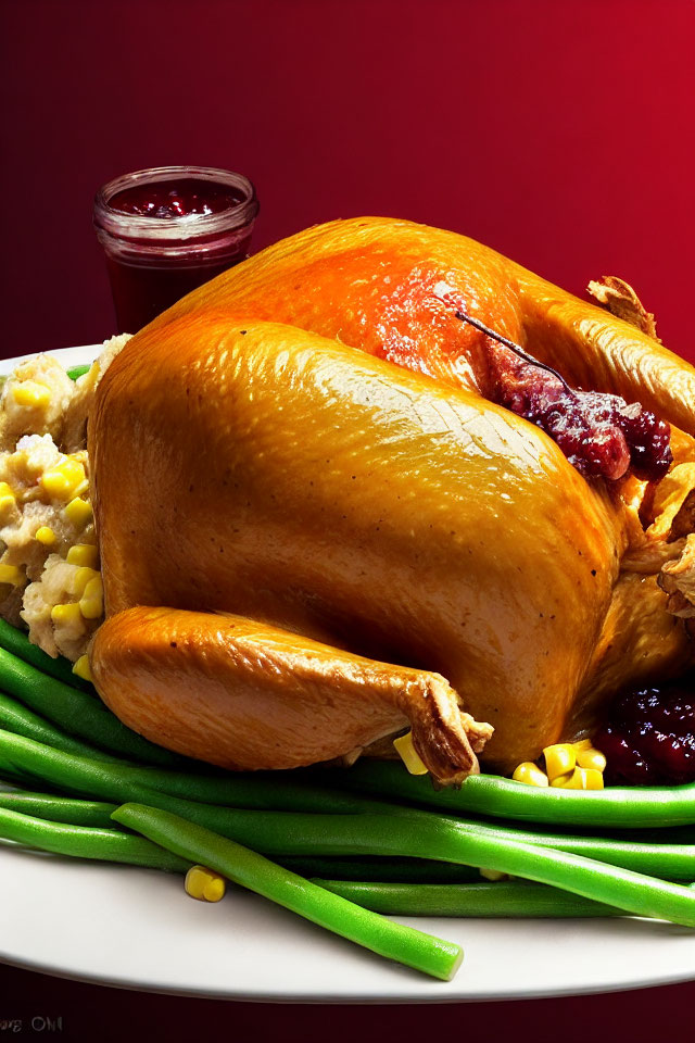 Succulent Roasted Turkey Plate with Sides on Red Background