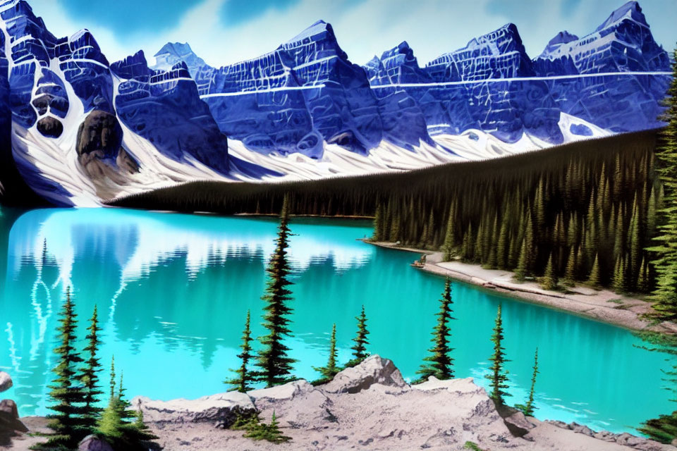 Turquoise Lake with Pine Trees, Mountains, and Blue Sky