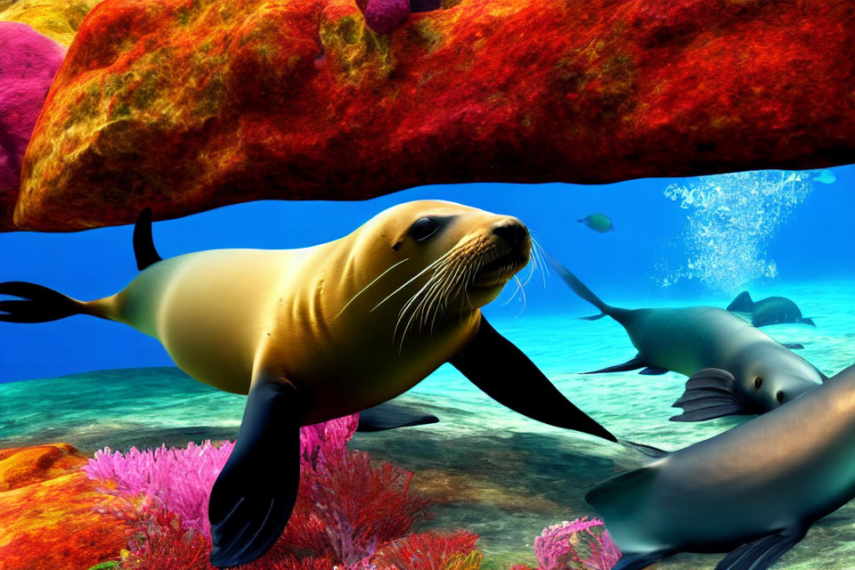 Colorful underwater scene with seal, dolphins, coral, and rocks