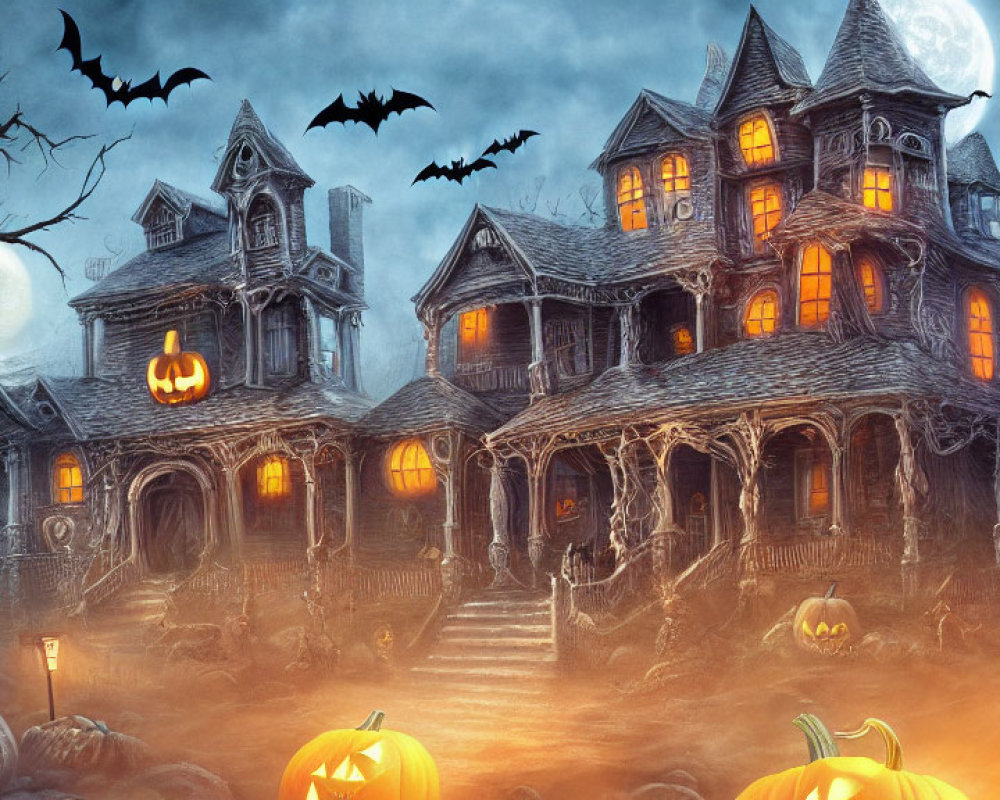 Spooky Halloween-themed haunted house with jack-o'-lanterns, bats, and full moon