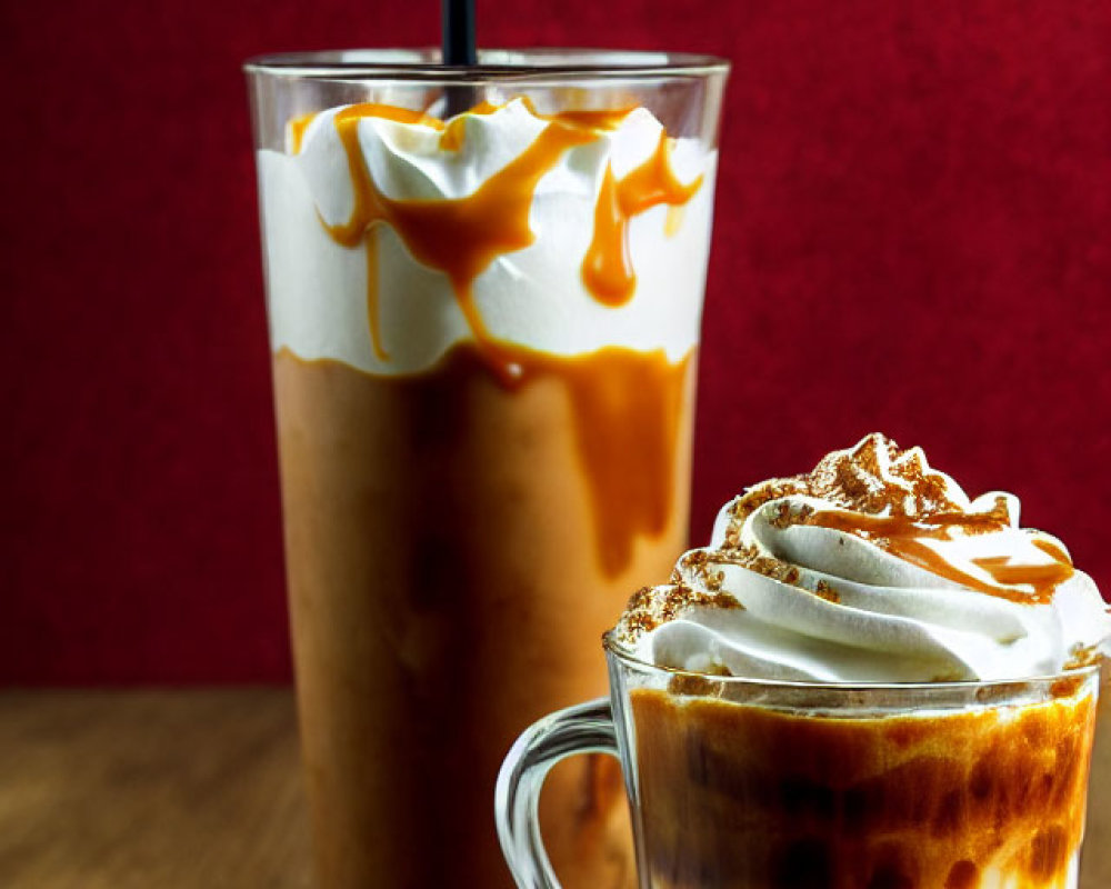 Caramel-drizzled iced coffees with whipped cream on red background