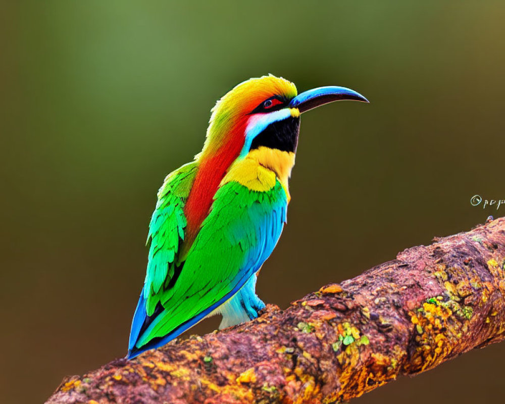 Colorful European Bee-eater bird on textured branch with green, yellow, and blue shades.