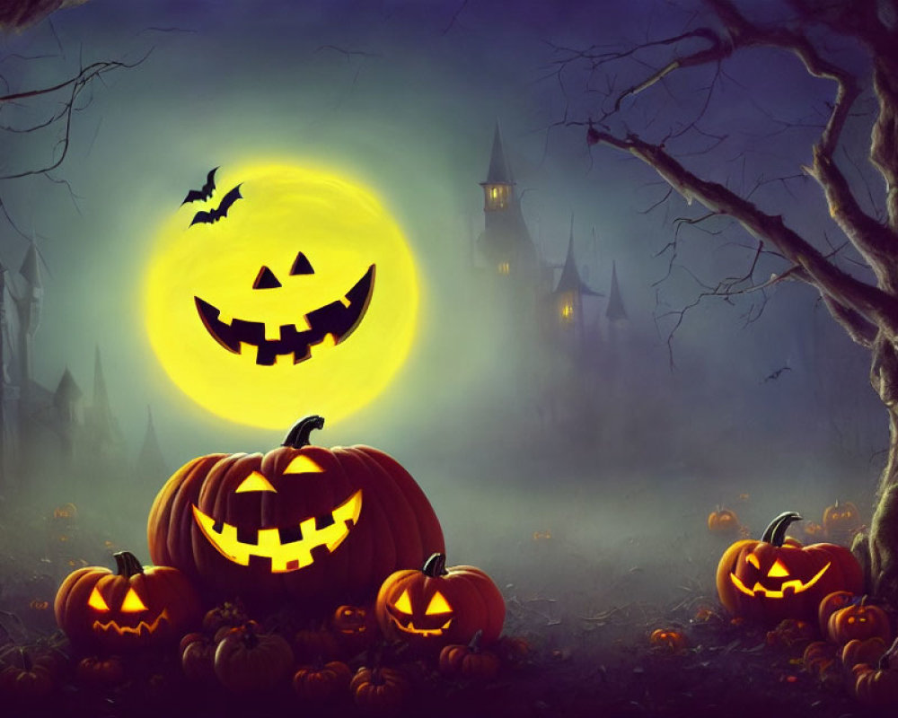 Eerie Halloween scene with jack-o'-lanterns, bats, full moon, haunted house,