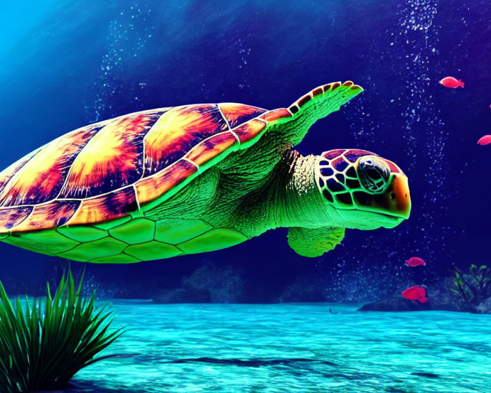 Colorful Sea Turtle Swimming Among Red Fish and Aquatic Plants in Blue Ocean