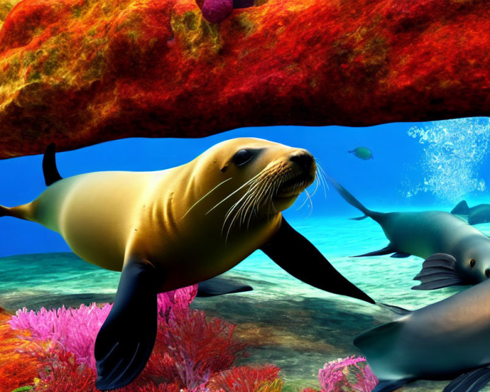 Colorful underwater scene with seal, dolphins, coral, and rocks