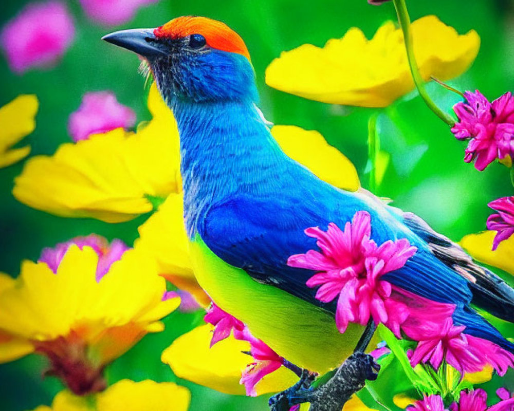 Colorful Bird Among Pink and Yellow Flowers in Lush Greenery