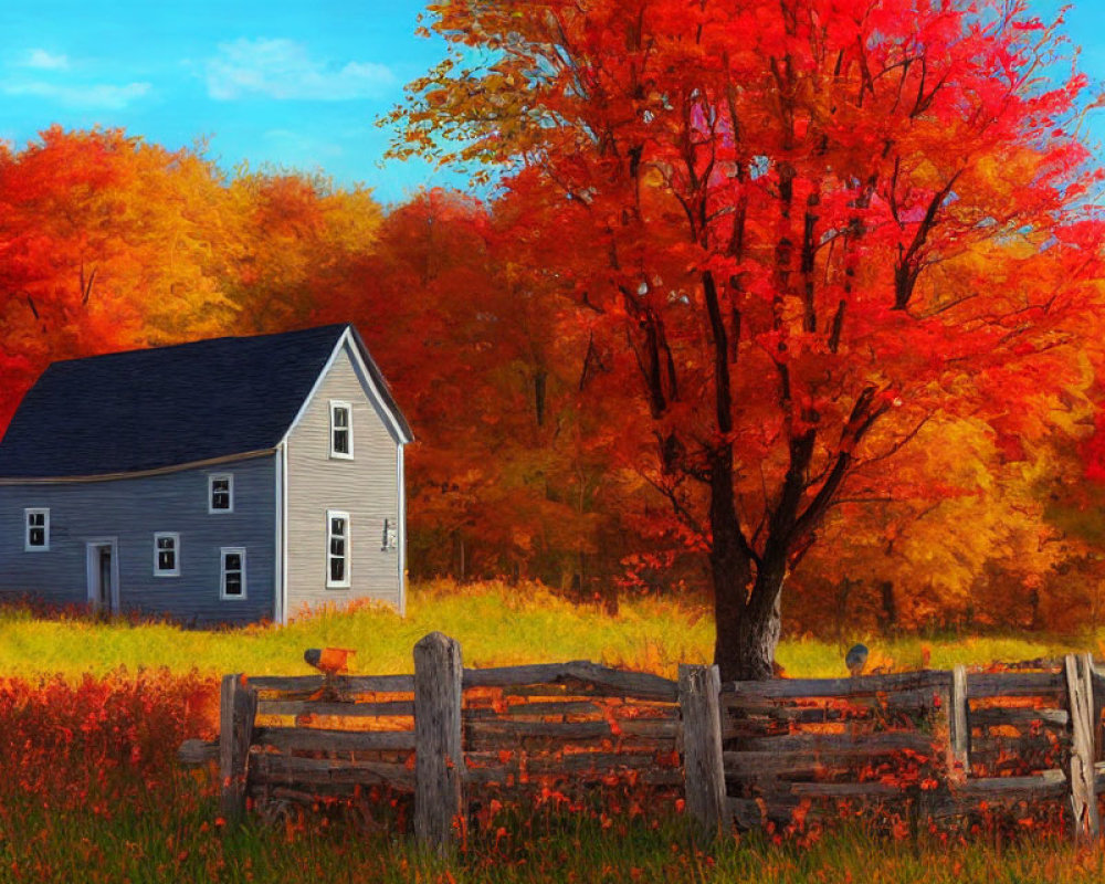 Gray House Surrounded by Autumn Trees and Wooden Fence