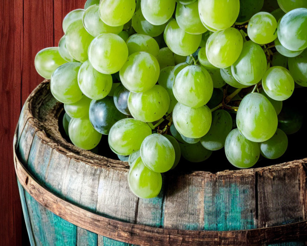 Fresh Green Grapes on Rustic Wooden Barrel with Blueish-Teal Paint