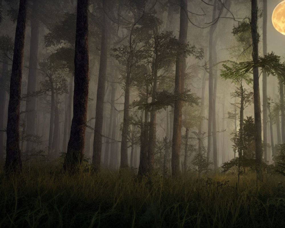 Misty Night Forest with Tall Trees and Full Moon