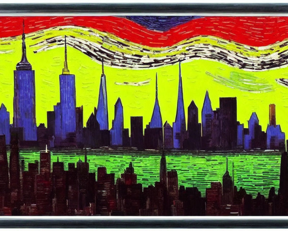 Vibrant abstract city skyline painting with bold, wavy lines in red, yellow, and green