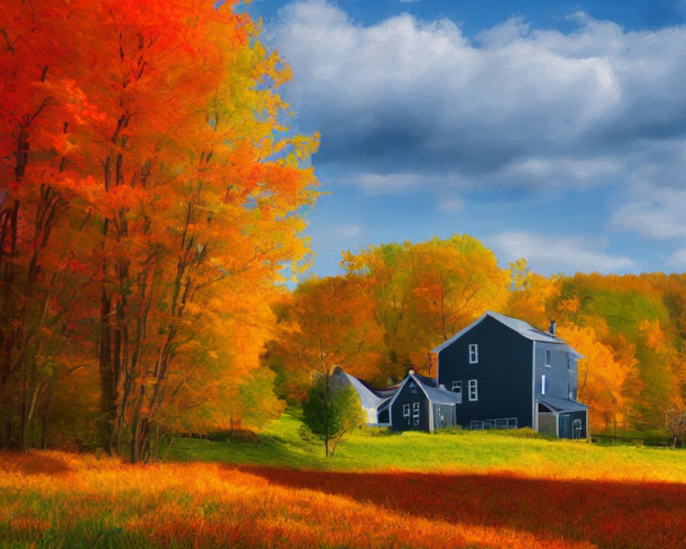 Colorful Autumn Landscape: Blue House Surrounded by Orange and Yellow Trees