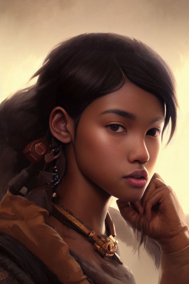 Young woman in digital painting with thoughtful expression and elegant accessories