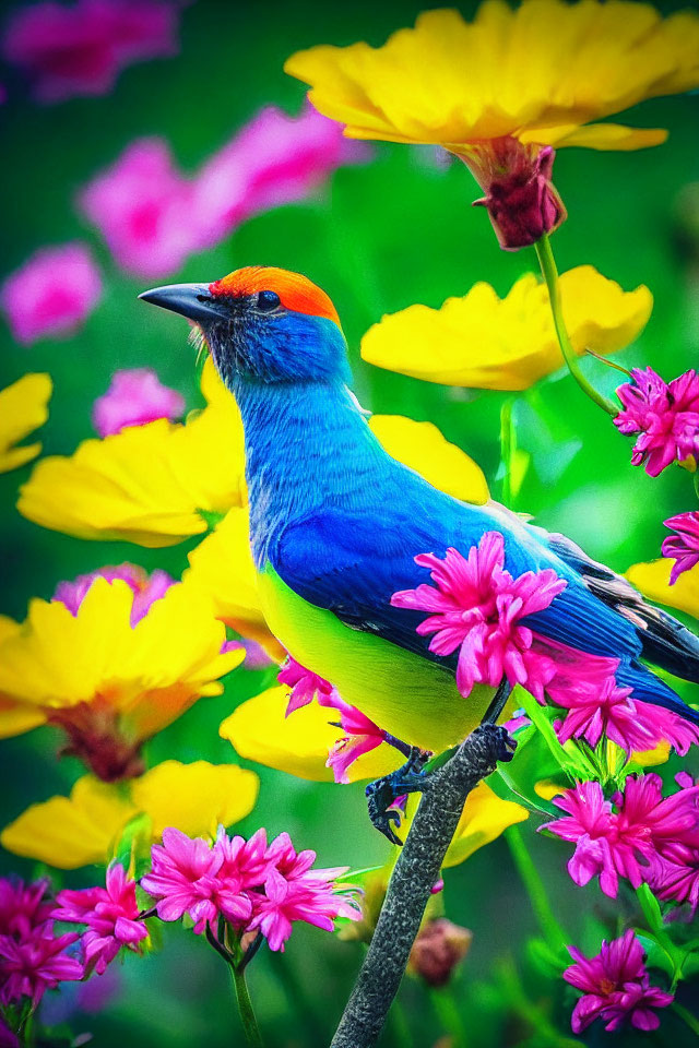 Colorful Bird Among Pink and Yellow Flowers in Lush Greenery