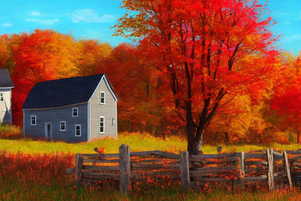 Gray House Surrounded by Autumn Trees and Wooden Fence