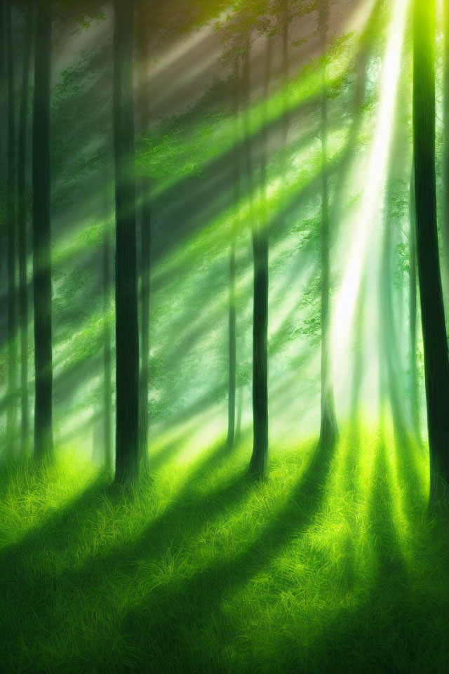 Forest scene: Sunlight filtering through dense green foliage