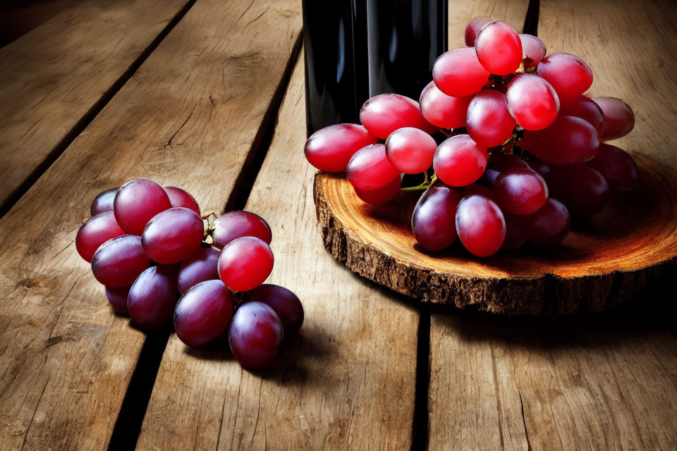 Ripe Red Grapes and Dark Bottle on Wooden Surface