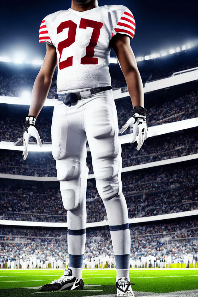 Football Player in White and Red Uniform, Number 27, Night Stadium View