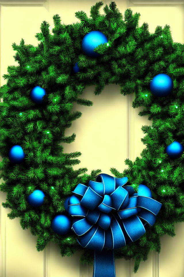 Green Fir Branch Festive Wreath with Blue Baubles and Lights