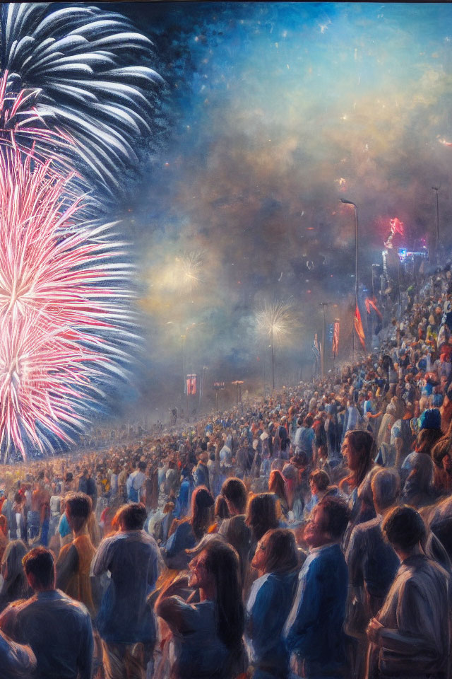 Nighttime crowd mesmerized by blue and white fireworks display