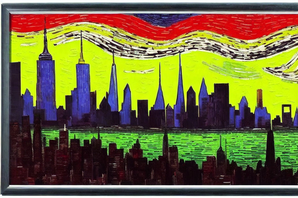 Vibrant abstract city skyline painting with bold, wavy lines in red, yellow, and green