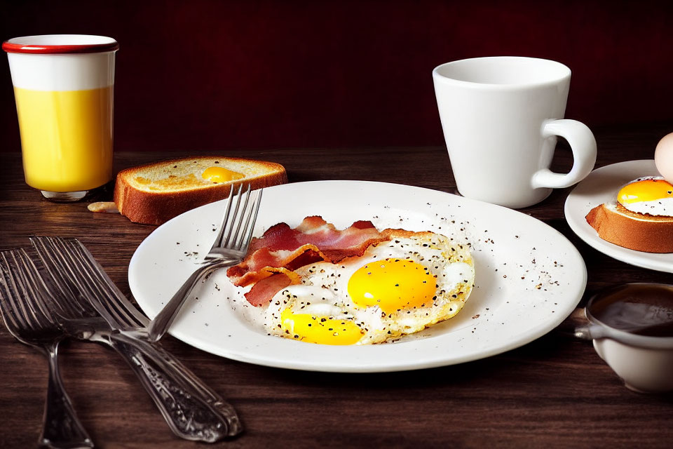 Classic Breakfast Spread with Fried Eggs, Bacon, Toast, Coffee, Juice on Wooden Table