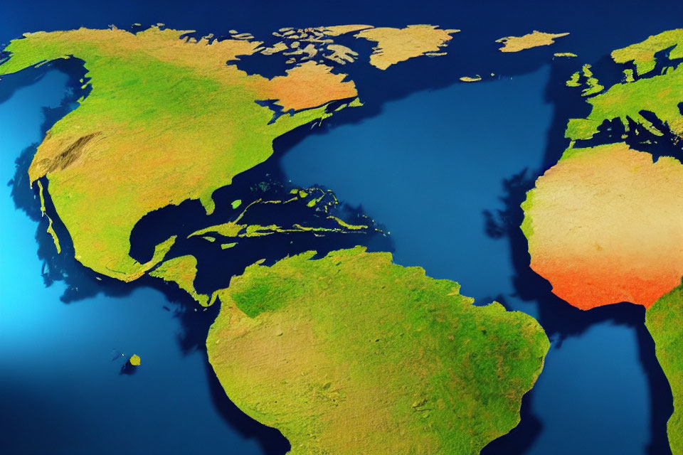 Detailed 3D Map Showing North and South America, Africa, and Europe's Geographic Relief