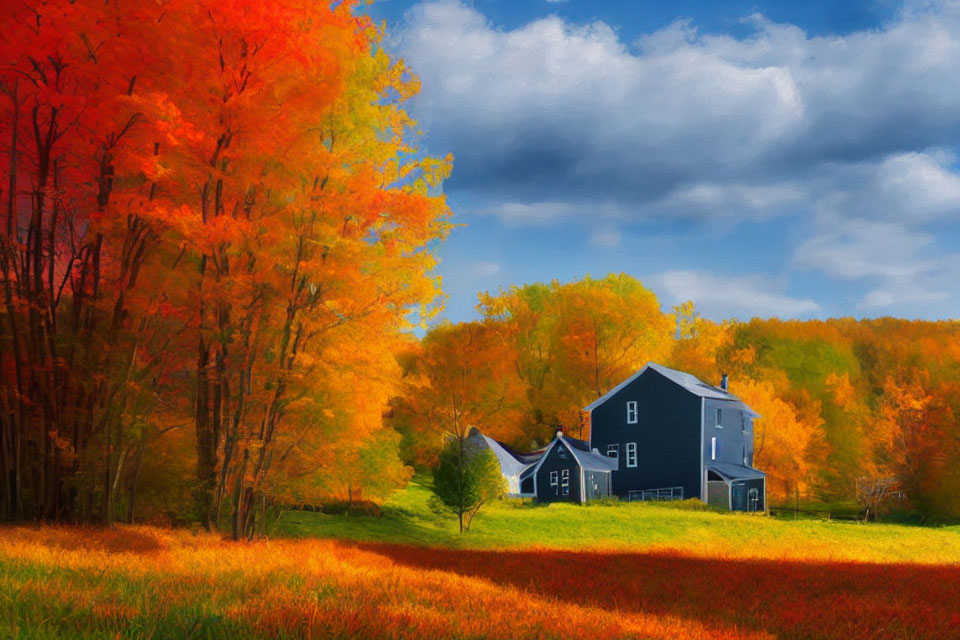 Colorful Autumn Landscape: Blue House Surrounded by Orange and Yellow Trees