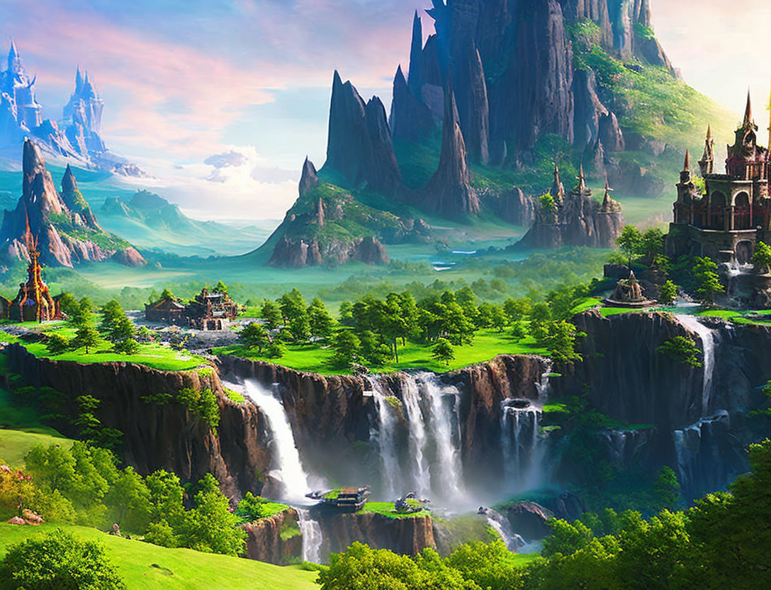 Majestic fantasy landscape with waterfalls, castles, and lush greenery