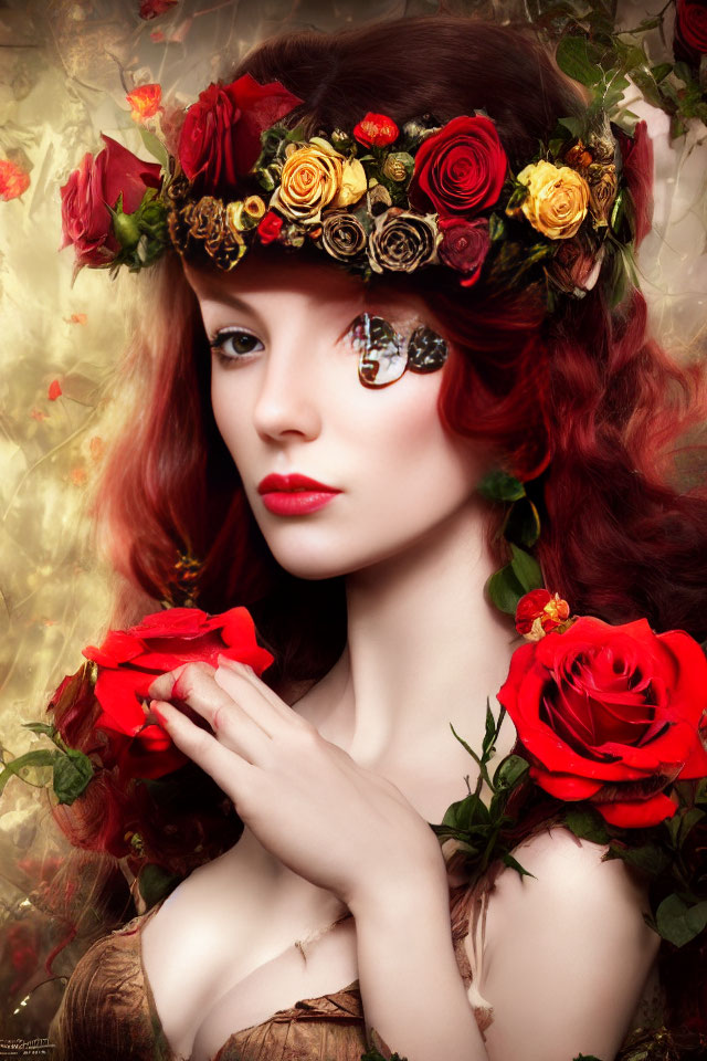 Red-haired woman with floral crown holding rose and butterfly decoration.