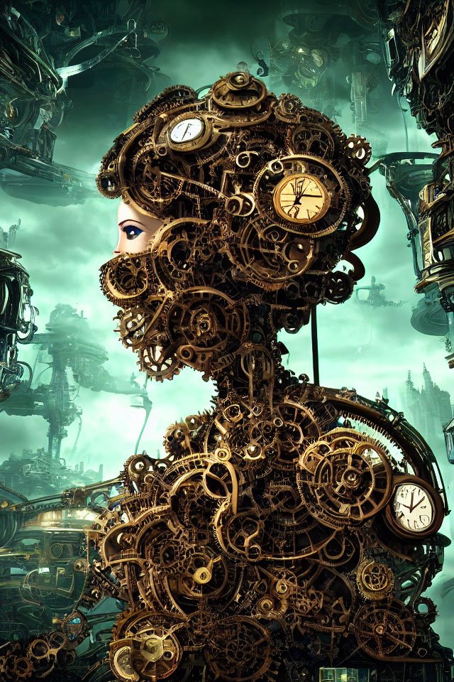 Surreal steampunk portrait featuring female visage and mechanical elements