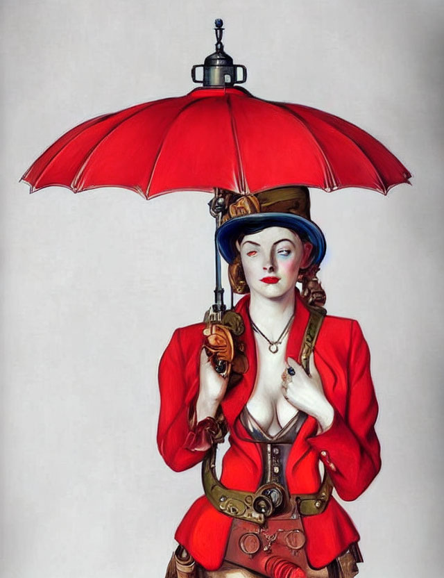 Stylized illustration of woman in red jacket and hat with steampunk accessories