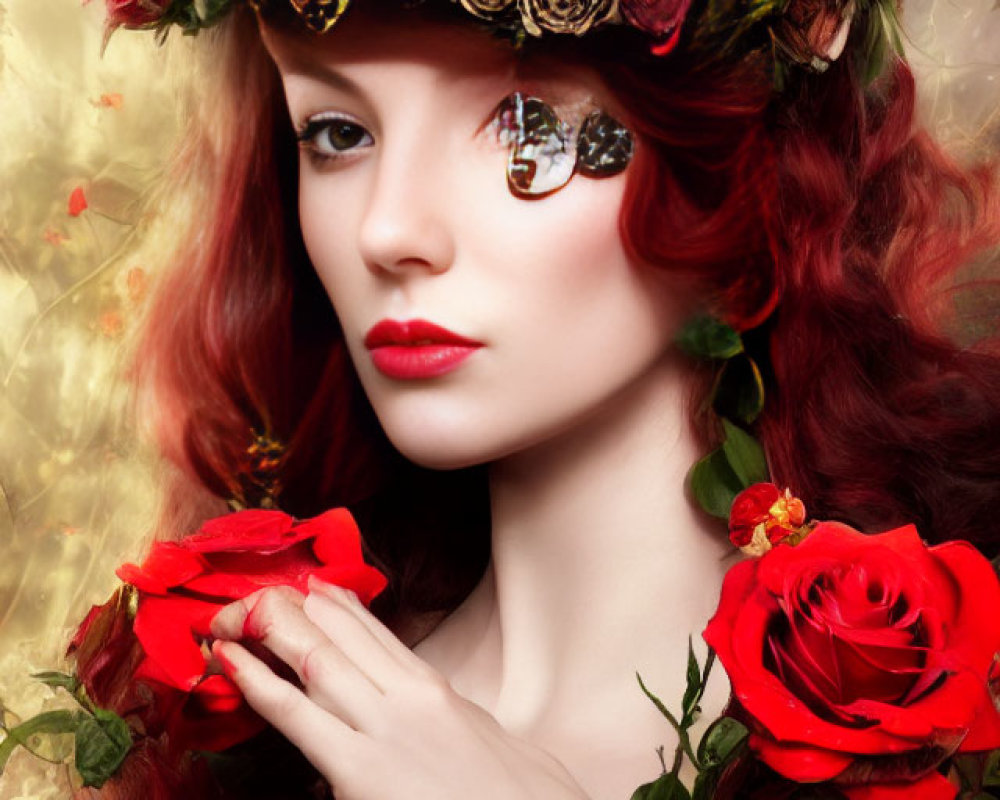 Red-haired woman with floral crown holding rose and butterfly decoration.