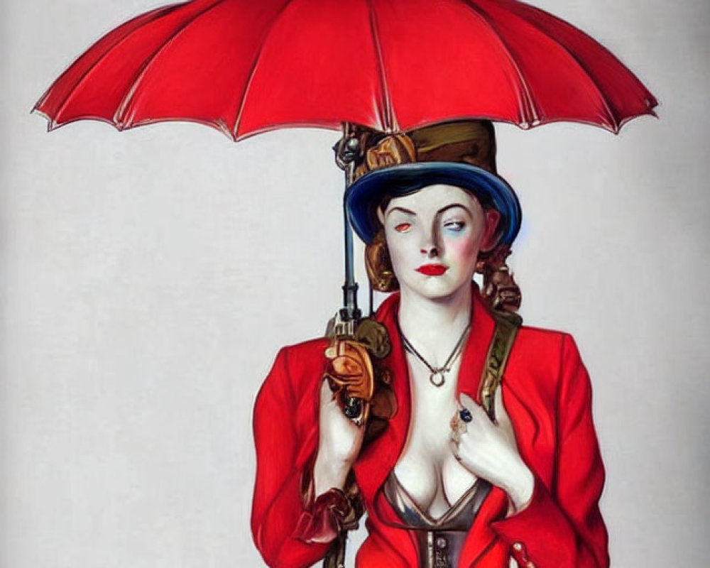 Stylized illustration of woman in red jacket and hat with steampunk accessories