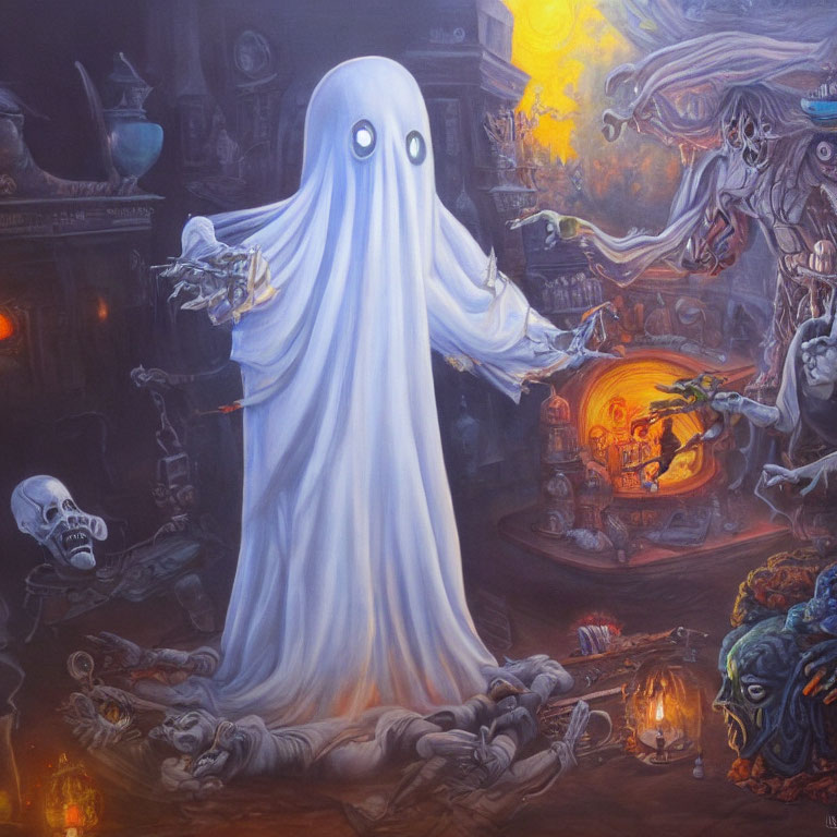 Ghostly figure in spooky room with skeletons and cauldron