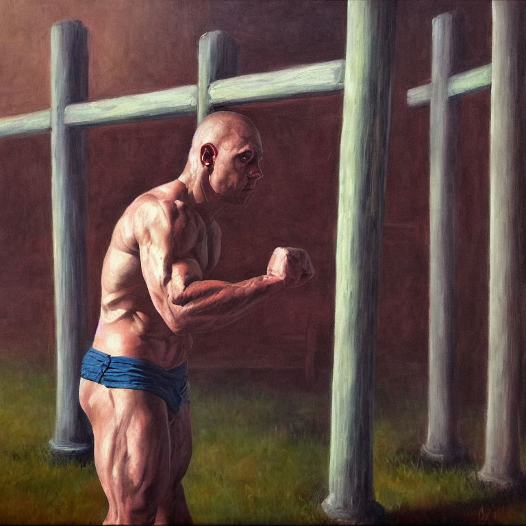 Bald Muscular Man in Blue Shorts Flexing by Three Crosses