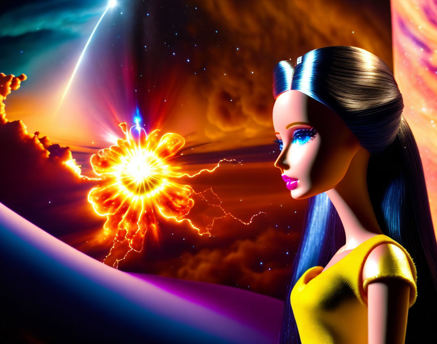 Stylized doll with blue eyes and sleek hair in cosmic explosion scene