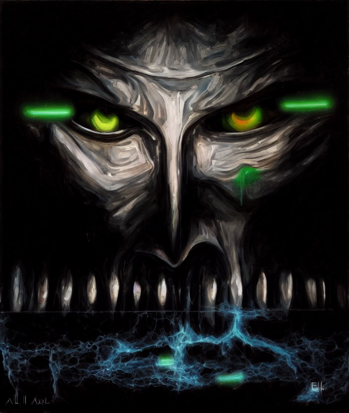 Surreal painting of menacing face with glowing green eyes and sharp teeth