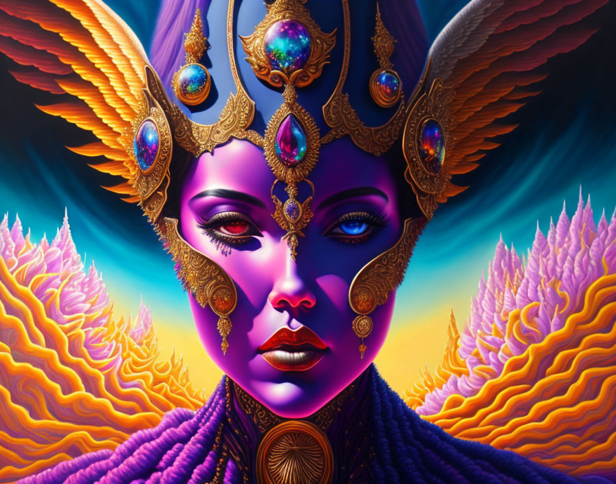 Vibrant purple figure with golden headdress in fiery landscape