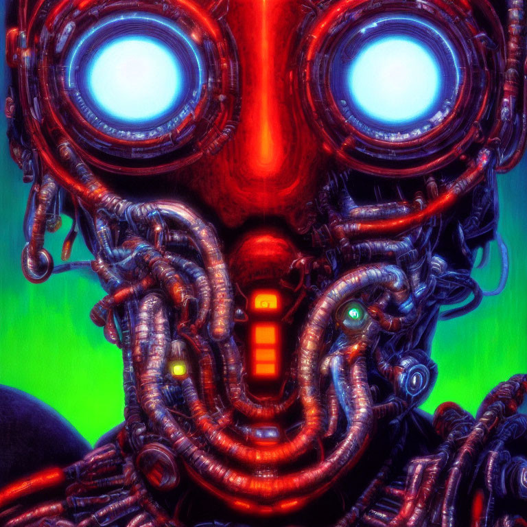 Colorful Robot with Intricate Wiring and Glowing Eyes in Red and Green