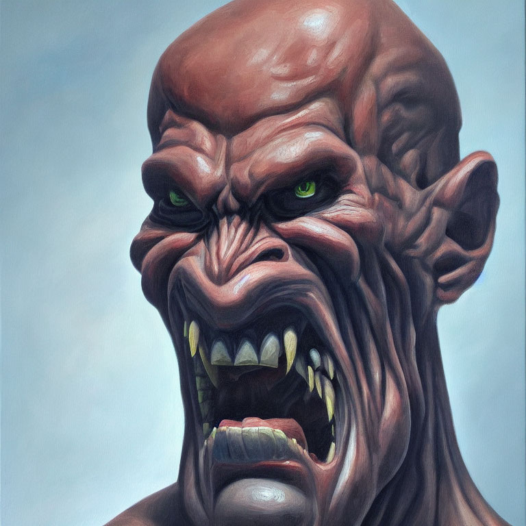 Detailed painting of snarling creature with reddish-brown skin and glowing green eyes