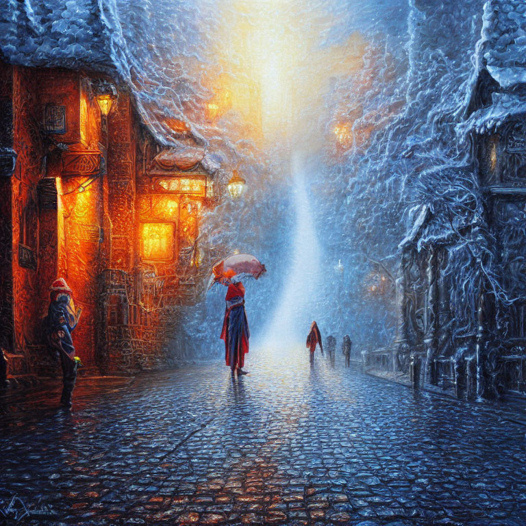 Snowy cobblestone street scene with warm lanterns and people walking in heavy snowfall