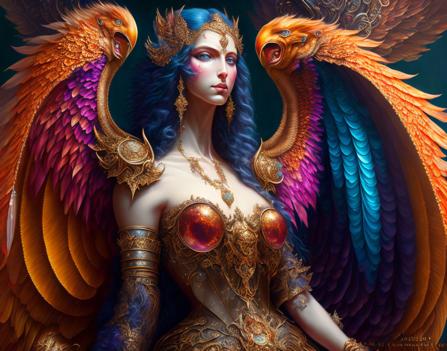 Blue-skinned woman in phoenix armor with vibrant wings and majestic birds.