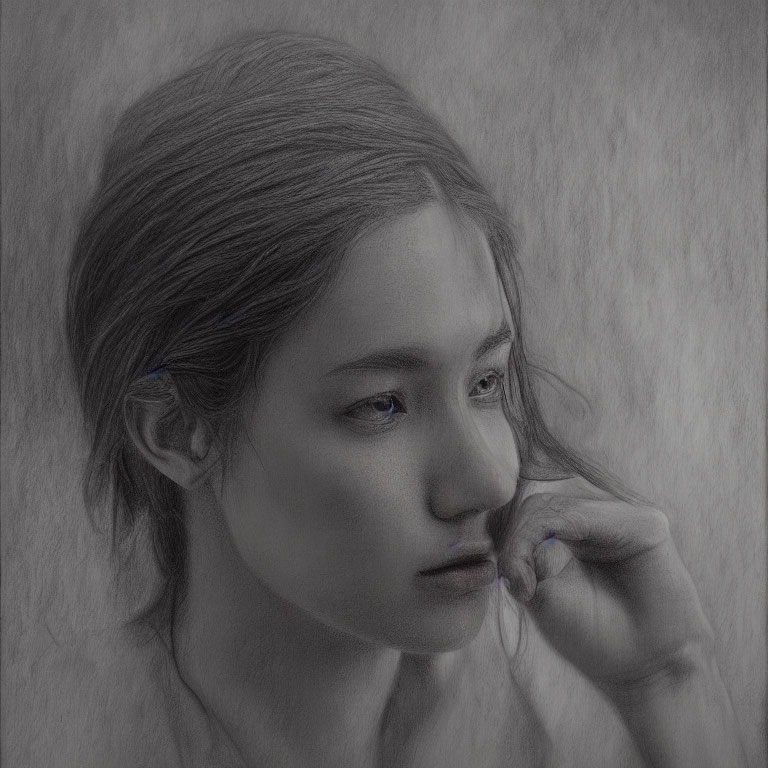 Detailed grayscale drawing of a thoughtful woman with hand on cheek