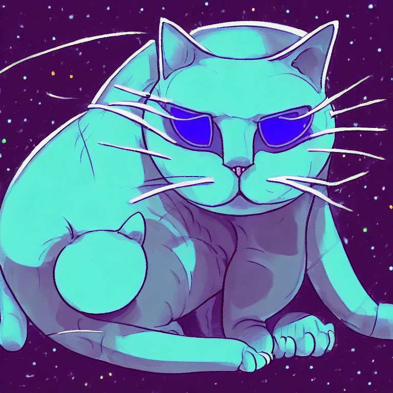 Blue Cat with Purple Sunglasses on Starry Night Sky Background