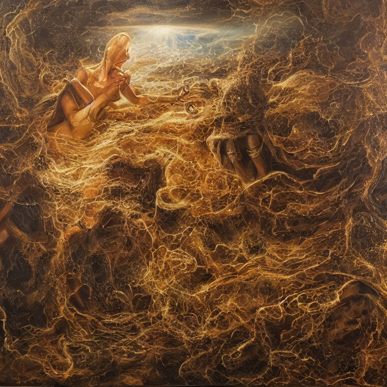 Surreal painting of figure in golden cosmic clouds