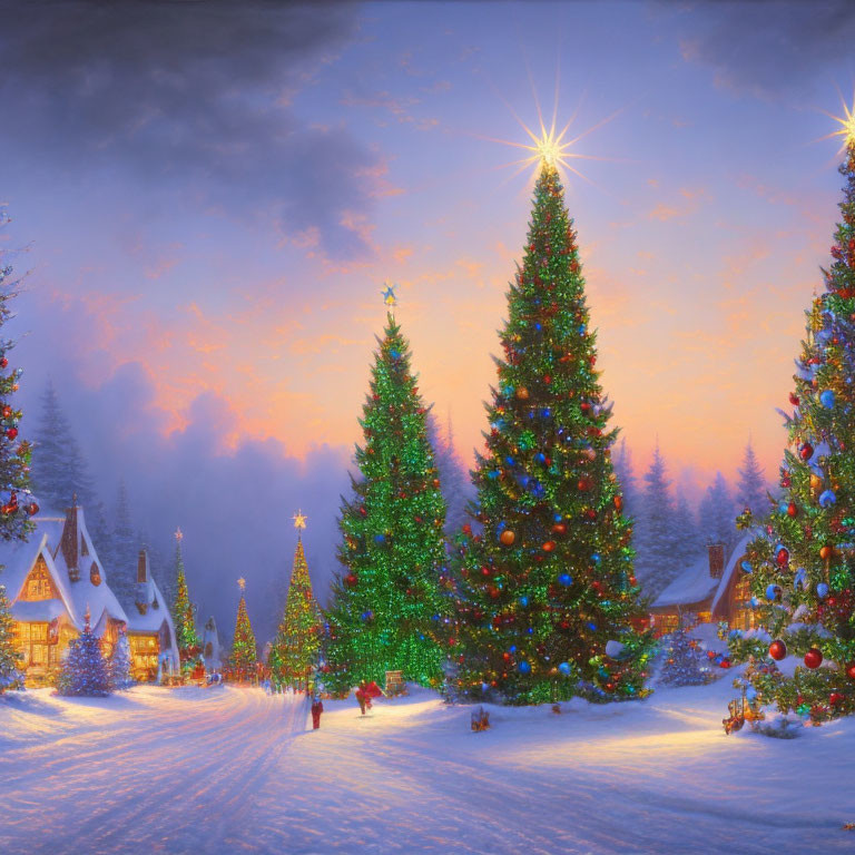 Snow-covered Christmas scene with decorated trees and glowing lights